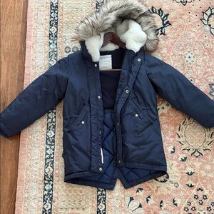 J. Crew Kids Navy Puffer Coat with Faux Fur Hood